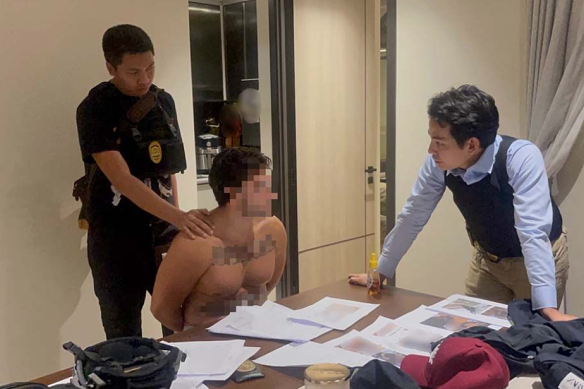 Photographs released by Thai authorities purporting to show the arrest of Australian alleged Hells Angels leader Rodrigo Elices in a luxury condo in Thailand in December. 