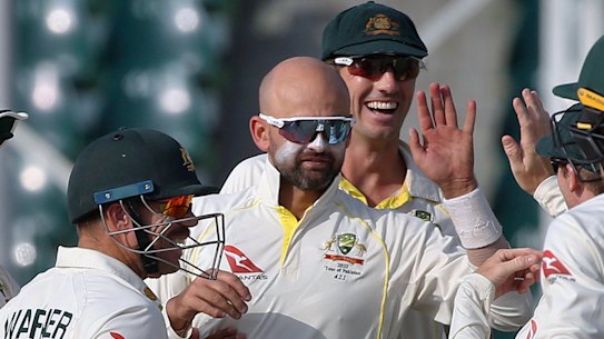 Nathan Lyon celebrates a wicket on Friday.
