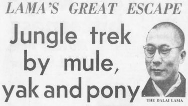 Headline from the Sun-Herald 5th April 1959,  of the Dalai Lama's amazing trek to India from Tibet, to escape the Chinese Communists.