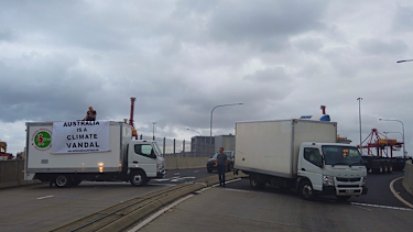Blockade Australia activists disrupt traffic at Port Botany on Wednesday afternoon.