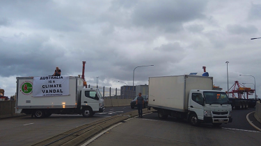 Blockade Australia activists disrupt traffic at Port Botany on Wednesday afternoon.