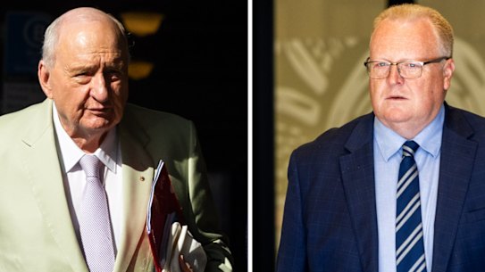 Alan Jones and Jason Morrison outside Sydney’s Downing Centre 