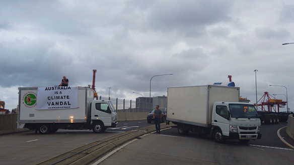 Blockade Australia activists disrupt traffic at Port Botany on Wednesday afternoon.