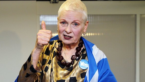 Vivienne Westwood, giving the thumb if not the middle finger backstage at London Fashion Week in 2014, where she wore a “Yes” badge and Scottish flag in support of Scotland’s independence referendum. 