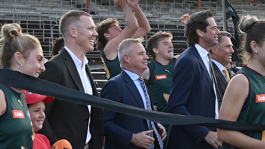 AFL CEO Gillon McLachlan, Tasmanian Premier Jeremy Rockliff, Deputy Prime Minister Richard Marles and Richmond star Jack Riewoldt at the announcement of the AFL’s 19th team in Tasmania.