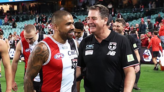 Saints coach Ross Lyon with Brad Hill.