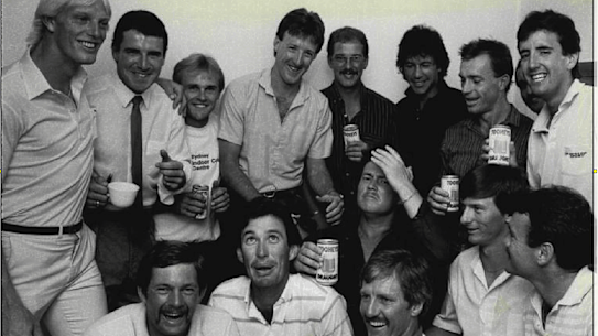 NSW's winning 1984-85 cricket team: (from left, back row):  Phil Marks, Wayne Seabrook, Dirk Wellham, Geoff Lawson, Murray Bennett, Imran Khan, Greg Matthews, Greg Dyer, Dave Gilbert; (front row) Steve Rixon, John Dyson, Peter Clifford, Bob Holland, Steve Waugh and Steve Smith.  