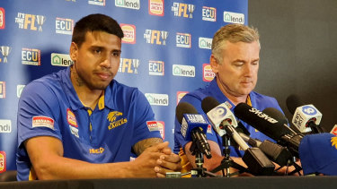 Ex-Geelong star Tim Kelly with West Coast coach Adam Simpson in Eagles colours after the clubs completed a successful trade for the 25-year-old.