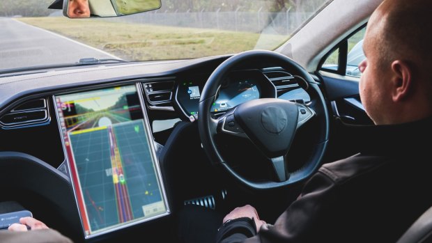 A supplied image of A Tesla Model S which has been upgraded with Bosch upgraded autonomous driving systems being tested at theÂ Anglesea Proving Grounds (AARC) late last year. The vehicle will be trialed on the open road in Victoria this year, 2019.