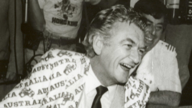 Bob Hawke famously celebrating the America's Cup win in 1983.