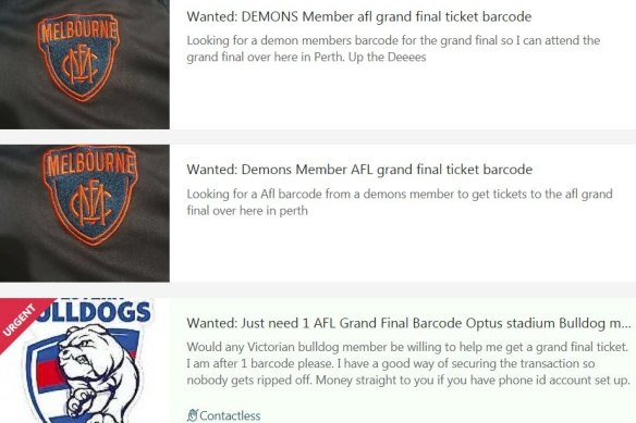 West Australians trying to secure tickets to the AFL grand final by asking for Victorian membership barcodes on Gumtree.