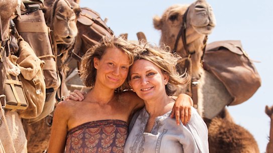 Actress Mia Wasikowska and author Robyn Davidson on set of the film adaptation of Davidson's "life-defining" book, Tracks.