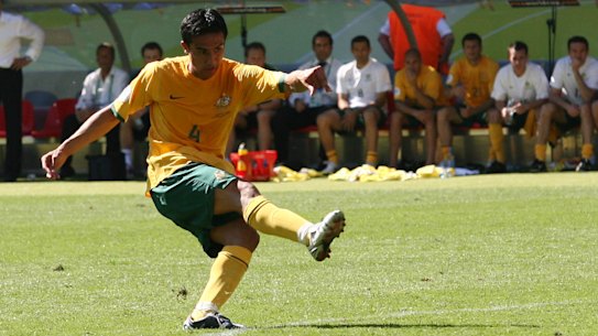 Tim Cahill shoots his 2nd goal   during to put Australia into 3-1 lead over Japan at the 2006 Cup in Germany.