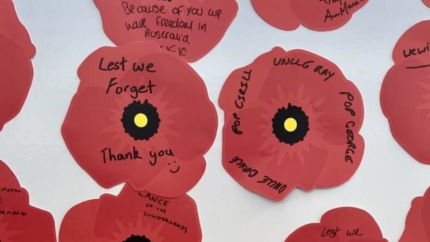 Heartfelt messages written on paper poppies at the Queen Street Mall installation.