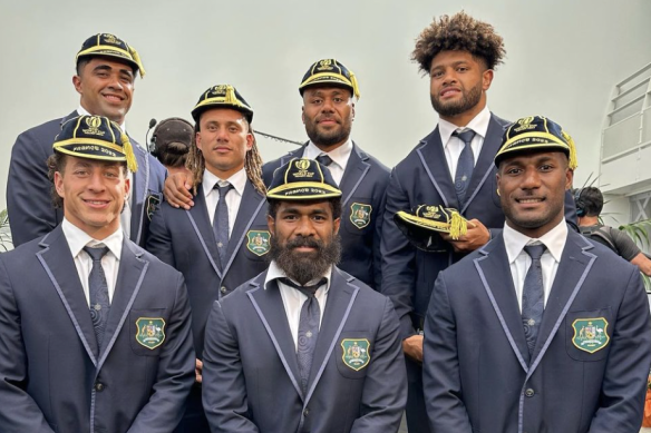 Wallabies players with Fijian heritage (L-R) Mark Nawaqanitawase, Langi Gleeson, Issak Fines-Leleiwasa, Marika Koroibete, Samu Kerevi, Rob Valetini, Suliasi Vunivalu. 