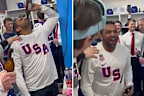 Kash Patel celebrating with America's ice hockey team at the Olympics.