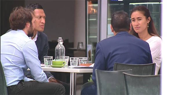 Sorting through the mess: Israel Folau and his wife, Maria, meet players' association representative on Friday.