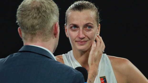 Petra Kvitova in tears reflecting on her six months away from tennis after being attacked in her home.