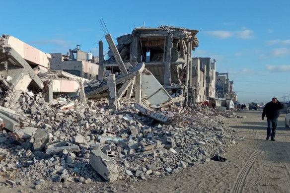 The remains of the home of Ramia Abdo Sultan’s relatives in Southern Gaza, photographed when they returned on January 20.