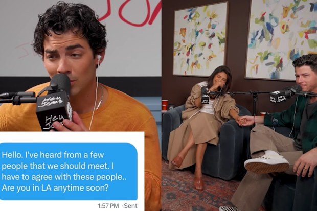 Joe Jonas gave a dramatic reading of their messages as Priyanka Chopra Jonas and Nick Jonas held hands.