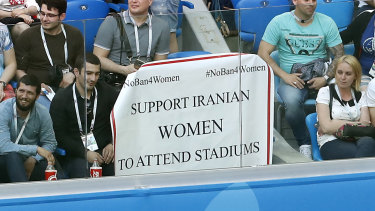 A poster to support Iranian women is displayed in the stands during the group B match between Morocco and Iran at the 2018 soccer World Cup in the St Petersburg Stadium.