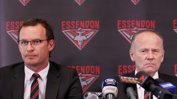 Essendon chief executive Xavier Campbell and chairman Lindsay Tanner