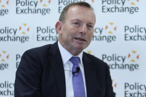 Tony Abbott speaking at the Policy Exchange thinktank in central London.