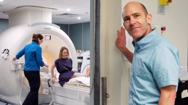 Testing the brain's structure and function with an MRI scan: Shannon Harvey with Professor Nicolas Cherbuin, head of the Centre for Research on Ageing, Health and Wellbeing at Australian National University, while making the documentary My Year Of Living Mindfully.