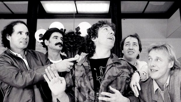 The Easybeats at a press conference at the Sebel Townhouse before embarking on a reunion tour of Australia in September 1986. Left to right: Snowy Fleet, Dick Diamond, Stevie Wright, George Young and Harry Vanda.