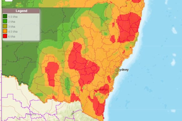 Present danger across the state for grass fires in tonnes per hectare, as RFS warns landholders not to be complacent despite the wettest autumn on record.