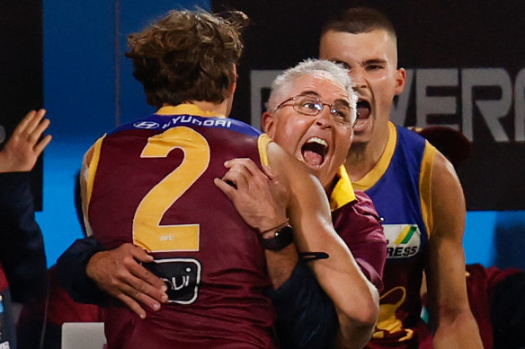 Fagan celebrates on the siren of the Lions’ thrilling elimination final win over Richmond last year.