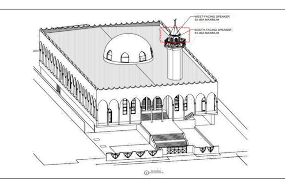 A 3D pattern, lodged as part of the development application, detailing the speakers' location to the mosque.