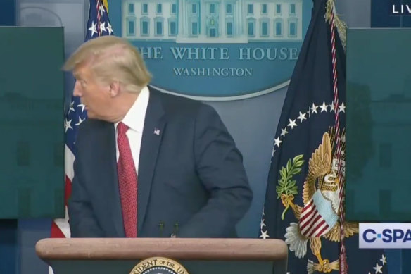 US President Donald Trump abruptly leaves the podium just minutes into a press briefing at the White House. 