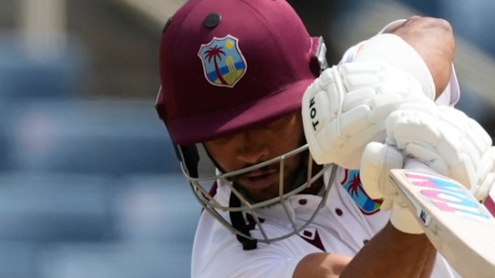 West Indies’ Brandon King is bowled by Australia’s Mitchell Starc on the third and final day of the Test in Jamaica.