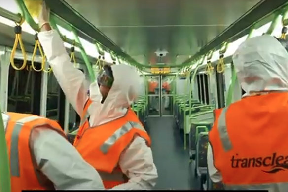 Transclean staff cleaning of Metro train carraiages during the COVID-19 pandemic.