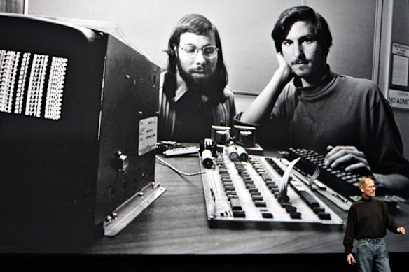 Steve Wozniak with Steve Jobs and one of the first Apple computers.