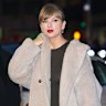 Taylor Swift in New York recently; right: Bassike textured coat. 