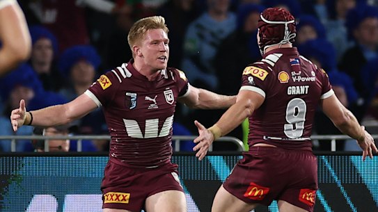 Tom Dearden celebrates a try.