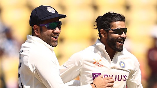 Rohit Sharma and Ravi Jadeja celebrate the dismissal of Australia’s Marnus Labuschagne on Thursday.