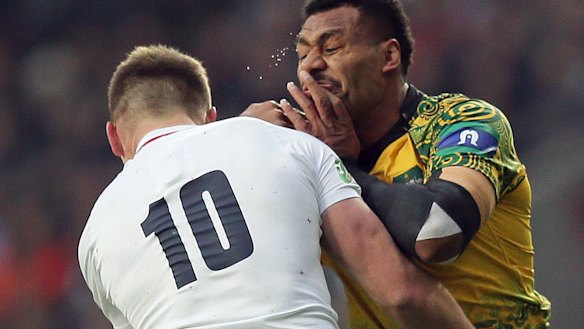 Fortunate: No.10 Owen Farrell, seen here tackling Australia's Samu Kerevi, escaped punishment for a hit on Izack Rodda.