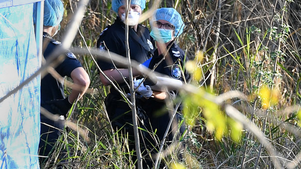 Police forensic officers inspect a crime scene where human remains were found.