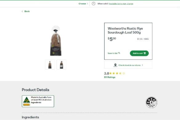 A Woolworths product listing from the research. The researchers noted the health star rating is visible, but the ingredients are only partially visible and need scrolling to see. Allergens and nutritional information are not visible without scrolling.