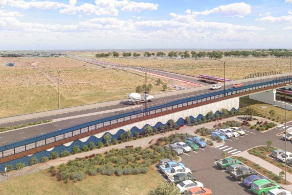 An artist’s impression of the road bridge above the rail tracks at Ferris Road, Cobblebank.