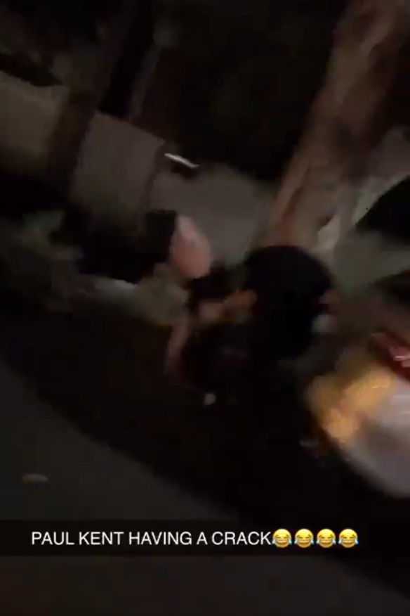 Paul Kent is sent flying into a tree during his infamous street brawl.