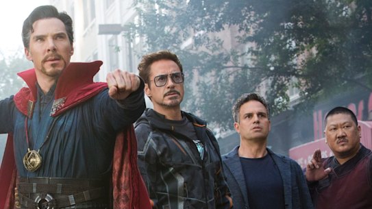 Doctor Strange (Benedict Cumberbatch), Iron Man (Robert Downey Jr), Hulk (Mark Ruffalo) and Wong (Benedict Wong) in Avengers: Infinity War.
