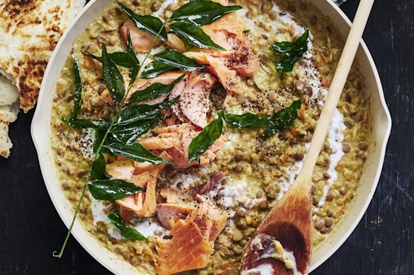 Fast ginger 'dhal' with hot smoked salmon. 