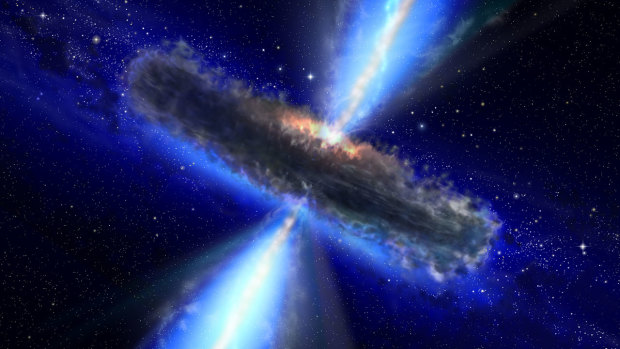 This artist's impression shows the dust torus around a super-massive black hole and, coming from the centre, the jetstream.