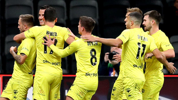 David Ball celebrates scoring for Wellington from a corner. The set piece has been the Wanderers’ Achilles heel this season.