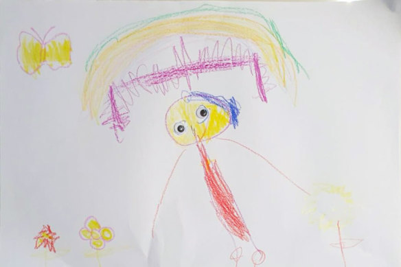 Ruby, 4, draws herself picking flowers in lockdown.  