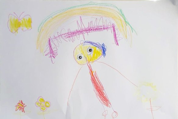 Ruby, 4, draws herself picking flowers in lockdown.  